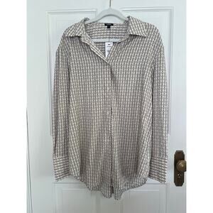 NEW Express Women's S Button UP Boyfriend Portofino Chain Print Satin Off White